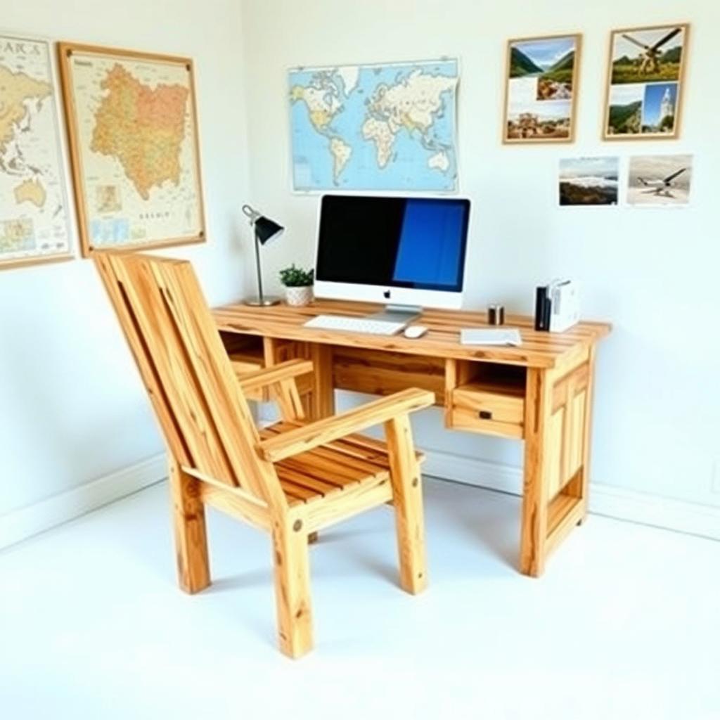 A DIY wooden rustic working desk and chair designed for a tour operator's office