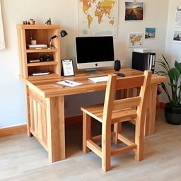 A DIY wooden rustic working desk and chair designed for a tour operator's office