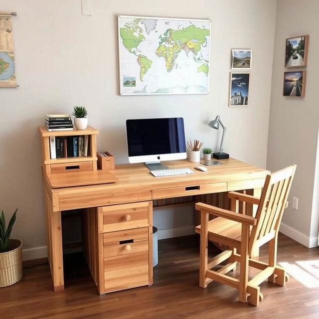 A DIY wooden rustic working desk and chair designed for a tour operator's office