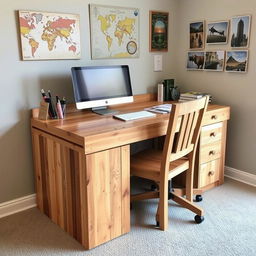 A DIY wooden rustic working desk and chair designed for a tour operator's office