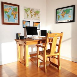 A DIY wooden inexpensive office desk and chair designed specifically for a tour operator's office