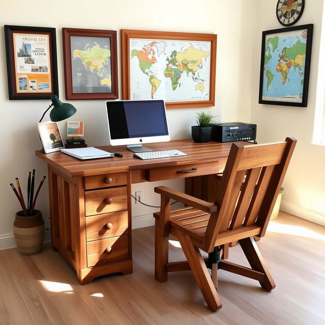 A DIY wooden inexpensive office desk and chair designed specifically for a tour operator's office