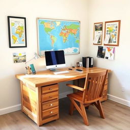 A DIY wooden inexpensive office desk and chair designed specifically for a tour operator's office