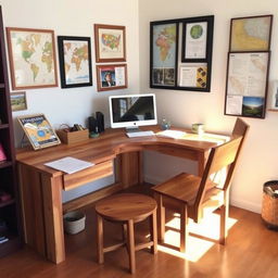 A DIY wooden inexpensive office desk and chair designed specifically for a tour operator's office