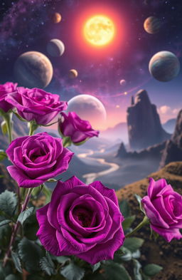 A stunning arrangement of vibrant purple roses in the foreground, beautifully detailed with soft petals and delicate leaves