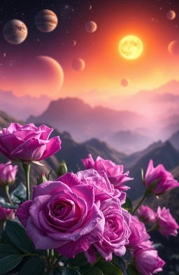 A stunning arrangement of vibrant purple roses in the foreground, beautifully detailed with soft petals and delicate leaves