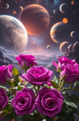A stunning arrangement of vibrant purple roses in the foreground, beautifully detailed with soft petals and delicate leaves