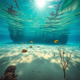 A serene underwater scene depicting the bay and bottom of a sunken ship
