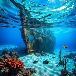 A serene underwater scene depicting the bay and bottom of a sunken ship