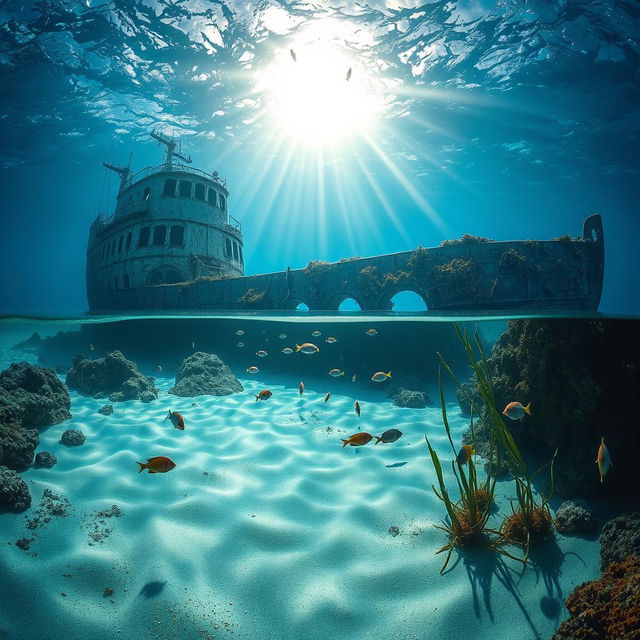 A serene underwater scene depicting the bay and bottom of a sunken ship