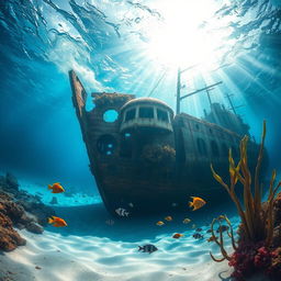A serene underwater scene depicting the bay and bottom of a sunken ship