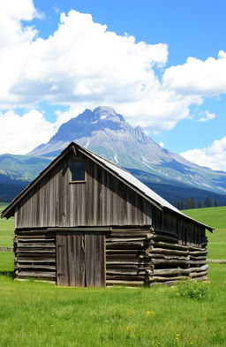 A picturesque old barn located in a serene rural landscape, with a majestic mountain towering in the background