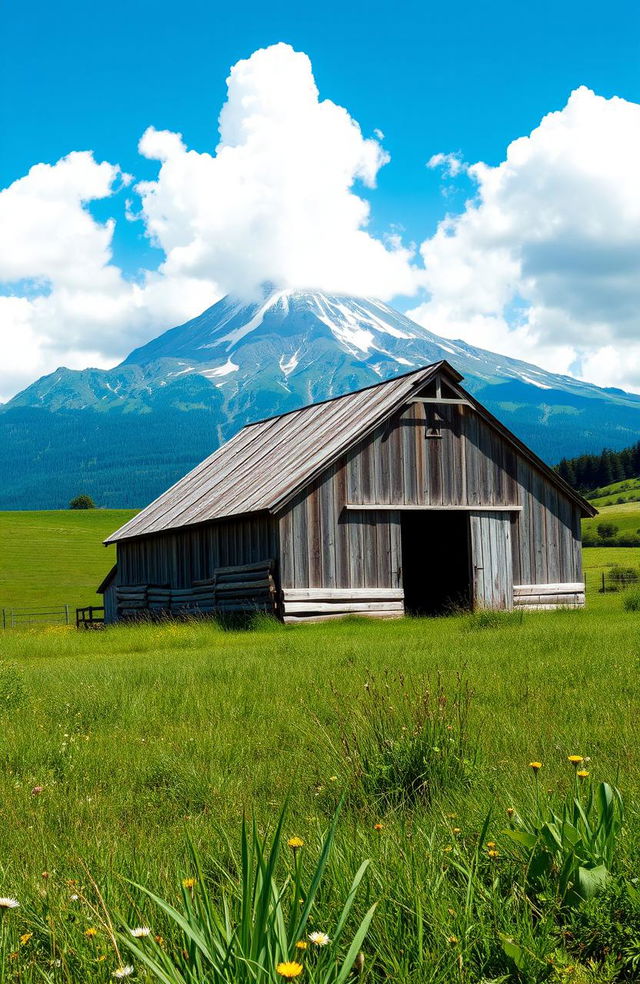 A picturesque old barn located in a serene rural landscape, with a majestic mountain towering in the background