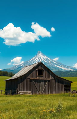 A picturesque old barn located in a serene rural landscape, with a majestic mountain towering in the background