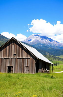 A picturesque old barn located in a serene rural landscape, with a majestic mountain towering in the background