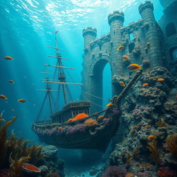 An enchanting underwater scene featuring the bay and bottom of a sunken ship integrated with a submerged castle