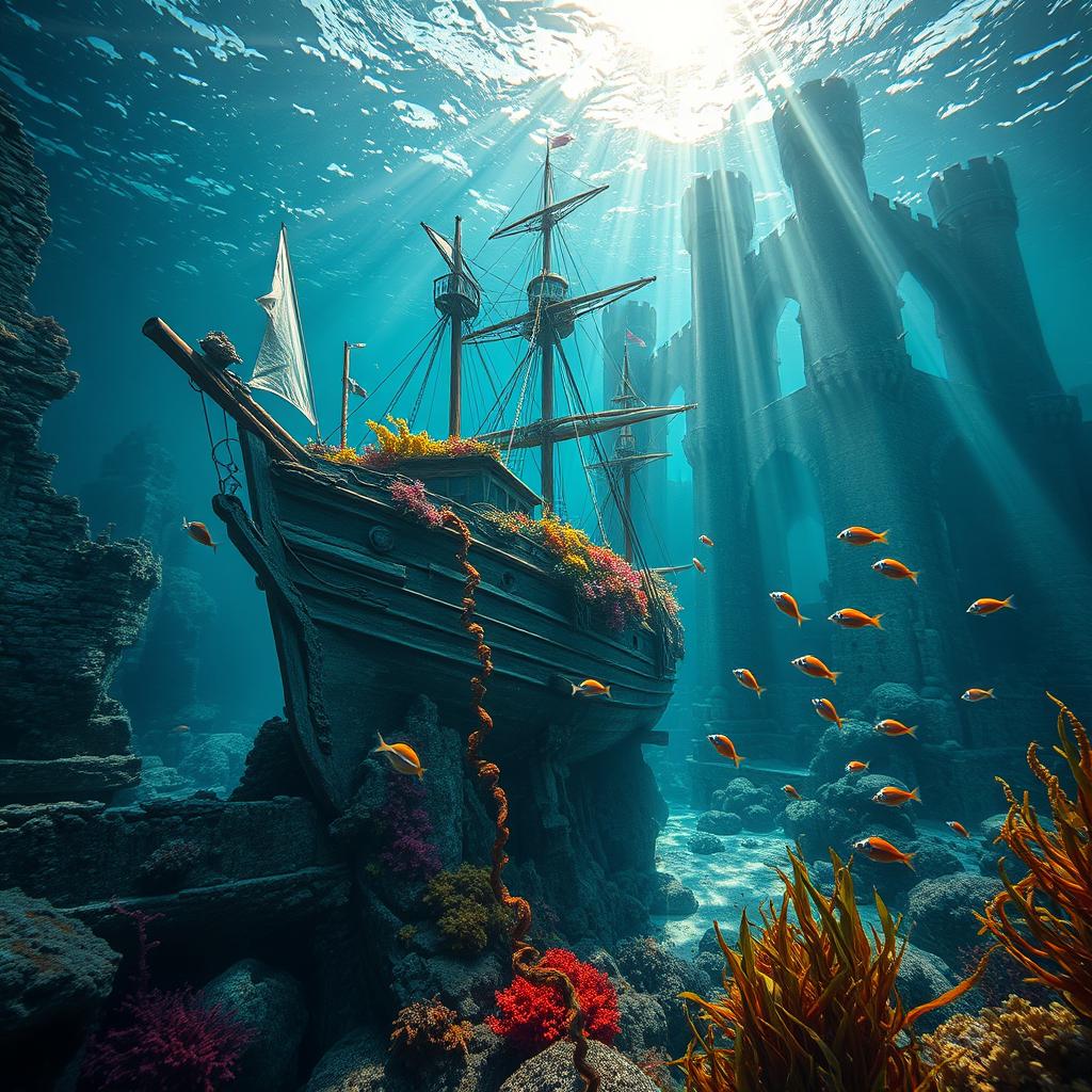 An enchanting underwater scene featuring the bay and bottom of a sunken ship integrated with a submerged castle