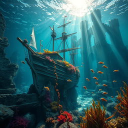 An enchanting underwater scene featuring the bay and bottom of a sunken ship integrated with a submerged castle