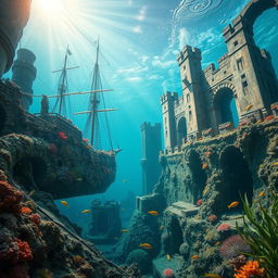 An enchanting underwater scene featuring the bay and bottom of a sunken ship integrated with a submerged castle