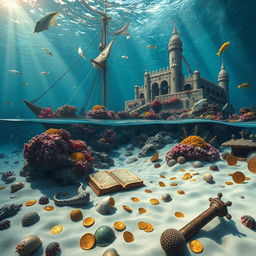 A captivating underwater scene featuring the bay and bottom of a sunken ship alongside a majestic submerged castle