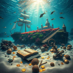 A captivating underwater scene featuring the bay and bottom of a sunken ship alongside a majestic submerged castle