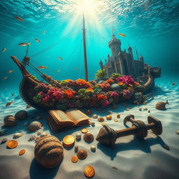 A captivating underwater scene featuring the bay and bottom of a sunken ship alongside a majestic submerged castle