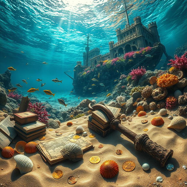 A captivating underwater scene featuring the bay and bottom of a sunken ship alongside a majestic submerged castle