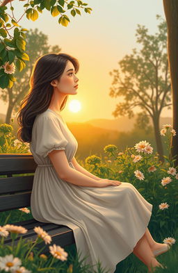 A contemplative scene depicting a woman reflecting on her life and experiences in a serene, tranquil setting