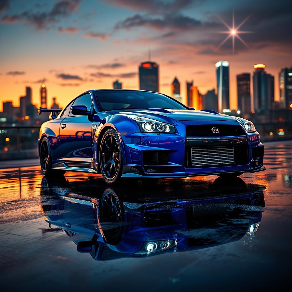 An impressive Nissan GTR R34 parked in a dramatic urban setting during sunset, showcasing its sleek aerodynamic design and vibrant blue paint