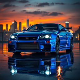 An impressive Nissan GTR R34 parked in a dramatic urban setting during sunset, showcasing its sleek aerodynamic design and vibrant blue paint