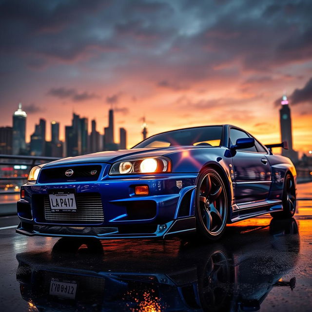 An impressive Nissan GTR R34 parked in a dramatic urban setting during sunset, showcasing its sleek aerodynamic design and vibrant blue paint