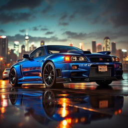 An impressive Nissan GTR R34 parked in a dramatic urban setting during sunset, showcasing its sleek aerodynamic design and vibrant blue paint