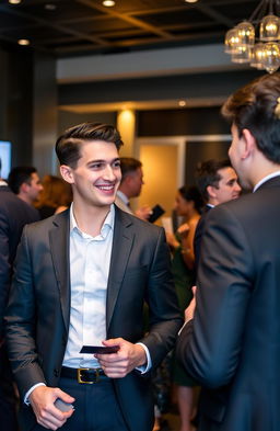 A stylish young professional at a networking event, confidently engaging in conversation, dressed in a sharp tailored suit