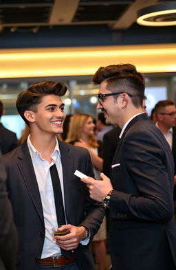 A stylish young professional at a networking event, confidently engaging in conversation, dressed in a sharp tailored suit