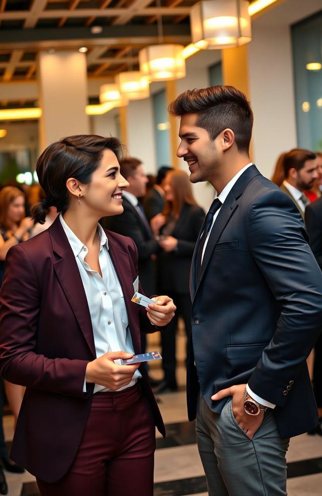 A stylish young professional at a networking event, confidently engaging in conversation, dressed in a sharp tailored suit