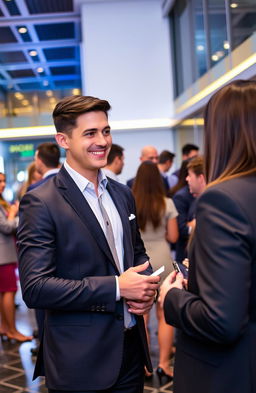 A stylish young professional at a networking event, confidently engaging in conversation, dressed in a sharp tailored suit