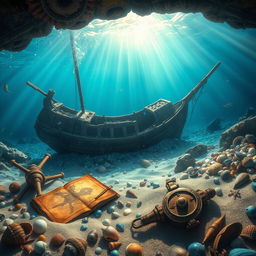 An enchanting underwater scene depicting the bay and bottom of a sunken pirate galley