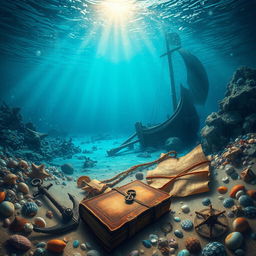 An enchanting underwater scene depicting the bay and bottom of a sunken pirate galley