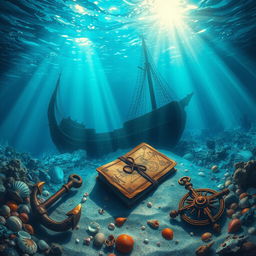 An enchanting underwater scene depicting the bay and bottom of a sunken pirate galley
