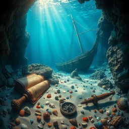 An enchanting underwater scene depicting the bay and bottom of a sunken pirate galley