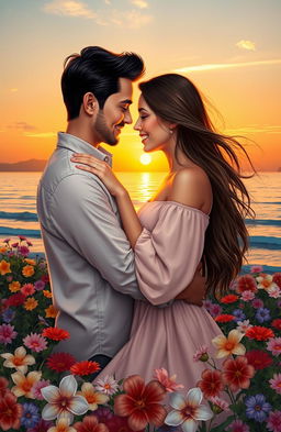 A romantic and passionate scene depicting a couple in an embrace, surrounded by a beautiful sunset over a calm ocean