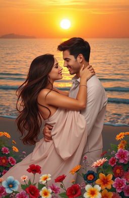 A romantic and passionate scene depicting a couple in an embrace, surrounded by a beautiful sunset over a calm ocean
