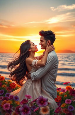 A romantic and passionate scene depicting a couple in an embrace, surrounded by a beautiful sunset over a calm ocean
