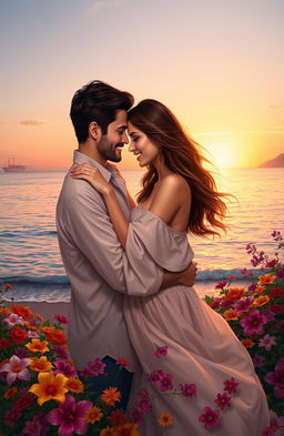 A romantic and passionate scene depicting a couple in an embrace, surrounded by a beautiful sunset over a calm ocean