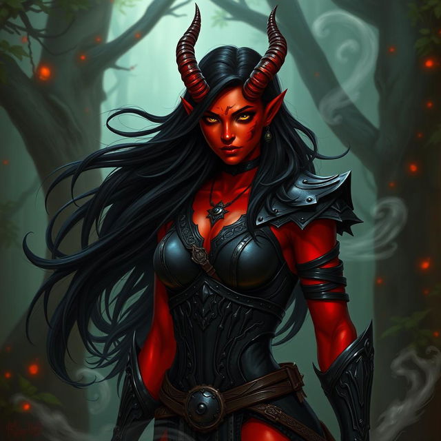 A fierce, fiery, and seductive female tiefling ranger with vibrant red skin and original, prominent horns