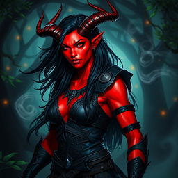 A fierce, fiery, and seductive female tiefling ranger with vibrant red skin and original, prominent horns