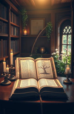A peaceful and serene scene depicting a beautifully illuminated manuscript of the Torah, surrounded by Kabbalistic symbols like the Tree of Life and the Ten Sefirot