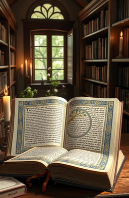 A peaceful and serene scene depicting a beautifully illuminated manuscript of the Torah, surrounded by Kabbalistic symbols like the Tree of Life and the Ten Sefirot