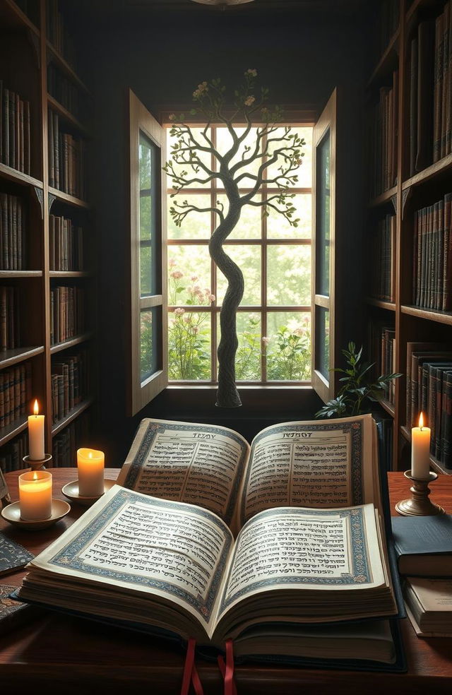 A peaceful and serene scene depicting a beautifully illuminated manuscript of the Torah, surrounded by Kabbalistic symbols like the Tree of Life and the Ten Sefirot