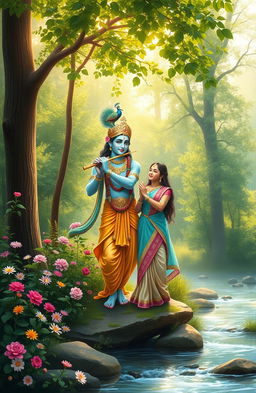 A serene depiction of Lord Krishna, the Hindu deity, standing gracefully with a young woman by his side in a lush, vibrant natural setting